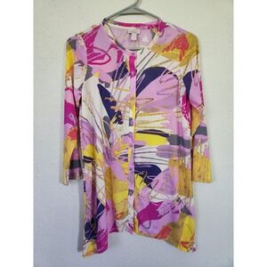 Logo Layers Lori‎ Goldstein Top Women XXS Artsy Floral Semi Sheer Stretch Tunic